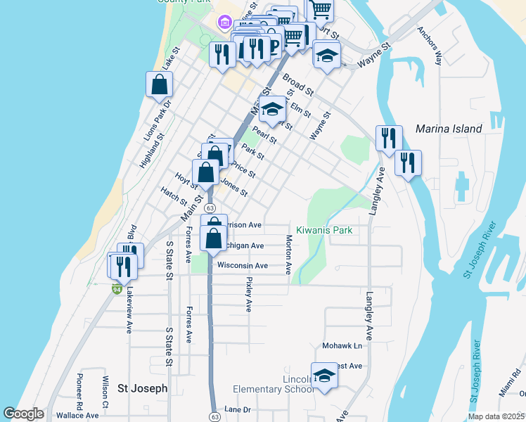 map of restaurants, bars, coffee shops, grocery stores, and more near 914 Jones Street in St. Joseph
