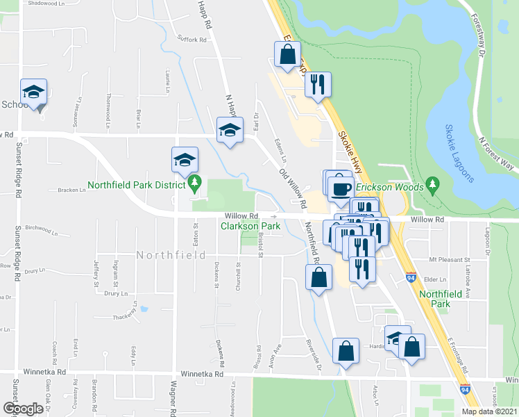 map of restaurants, bars, coffee shops, grocery stores, and more near 1923 Willow Road in Northfield