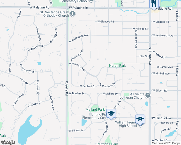 map of restaurants, bars, coffee shops, grocery stores, and more near 1224 West Whytecliff Road in Palatine