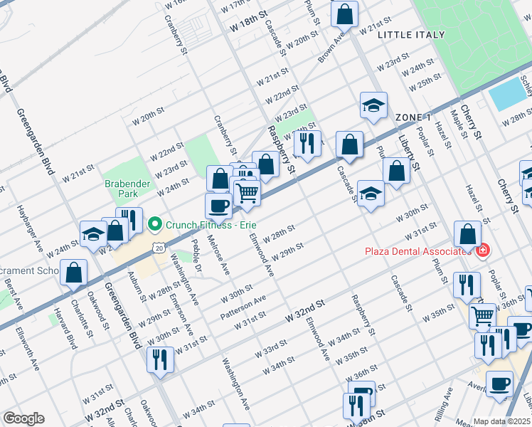 map of restaurants, bars, coffee shops, grocery stores, and more near 1164 West 27th Street in Erie