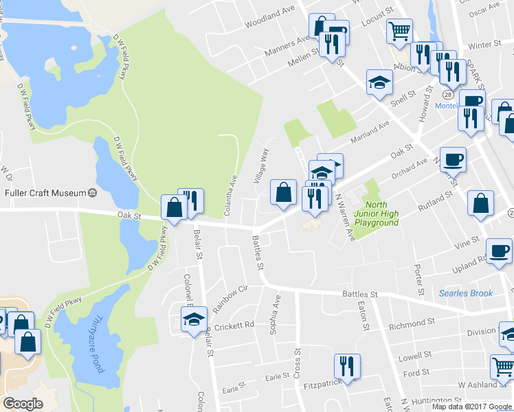 map of restaurants, bars, coffee shops, grocery stores, and more near 448 Battles St in Brockton