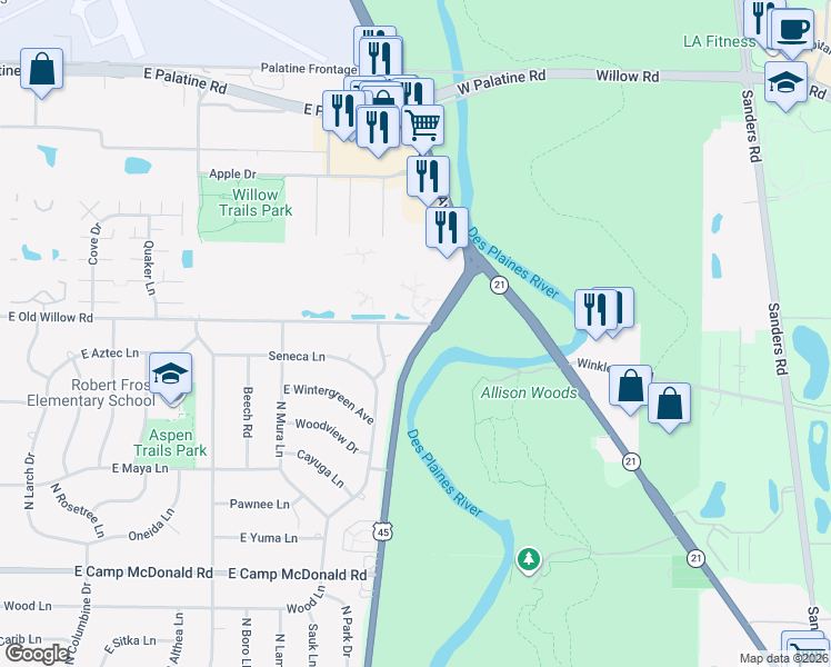 map of restaurants, bars, coffee shops, grocery stores, and more near 2109 East Seminole Lane in Mount Prospect