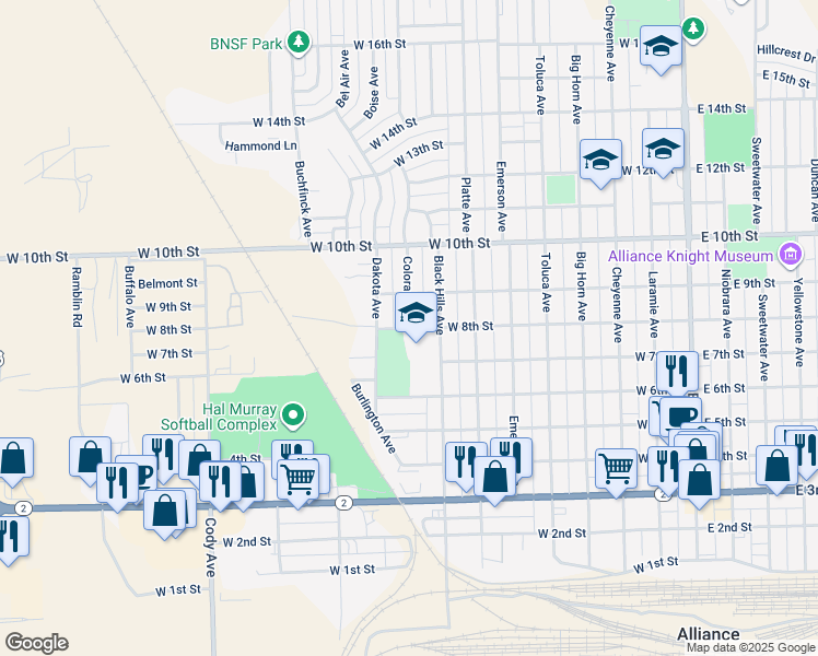 map of restaurants, bars, coffee shops, grocery stores, and more near West 8th Street in Alliance