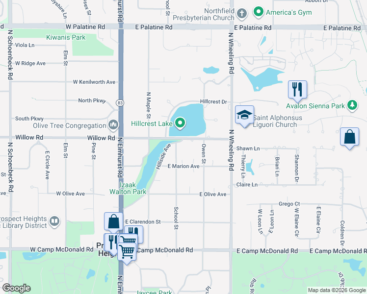 map of restaurants, bars, coffee shops, grocery stores, and more near 203 East Willow Road in Prospect Heights