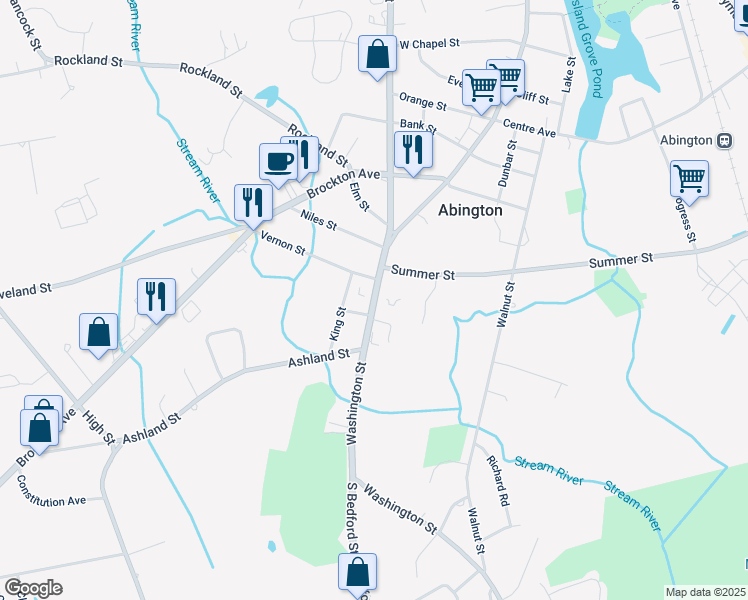 map of restaurants, bars, coffee shops, grocery stores, and more near 316 Washington Street in Abington