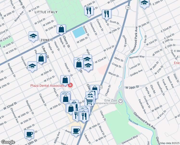 map of restaurants, bars, coffee shops, grocery stores, and more near 3325 Cherry Street in Erie