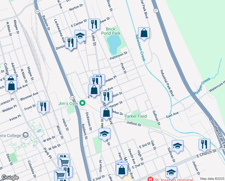 map of restaurants, bars, coffee shops, grocery stores, and more near 414 E Washington Ave in Elmira