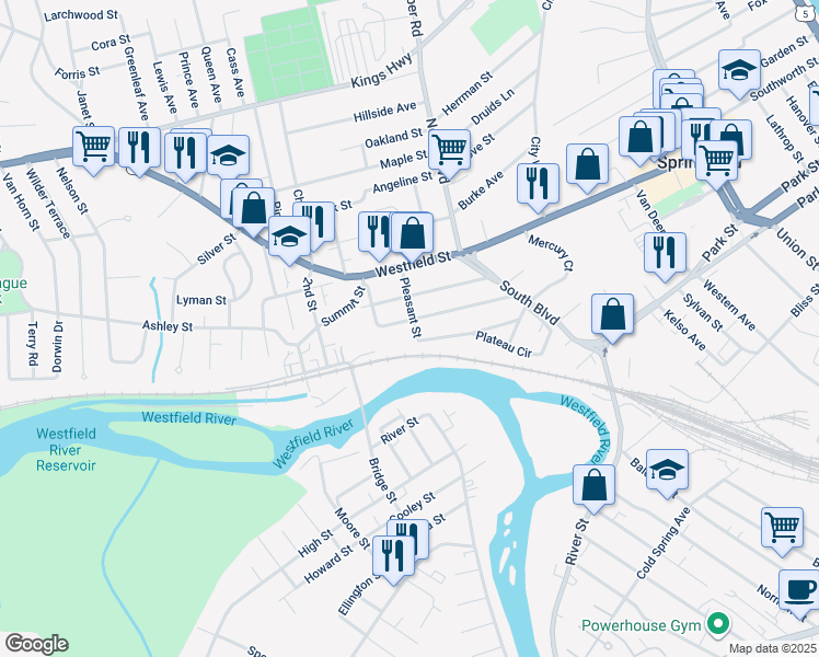 map of restaurants, bars, coffee shops, grocery stores, and more near 117 Hampden Street in West Springfield