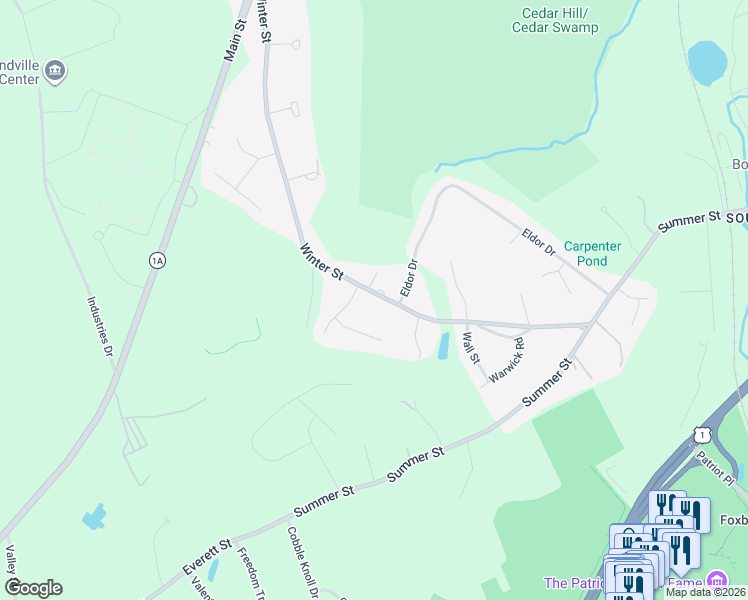 map of restaurants, bars, coffee shops, grocery stores, and more near 166 Winter Street in Walpole