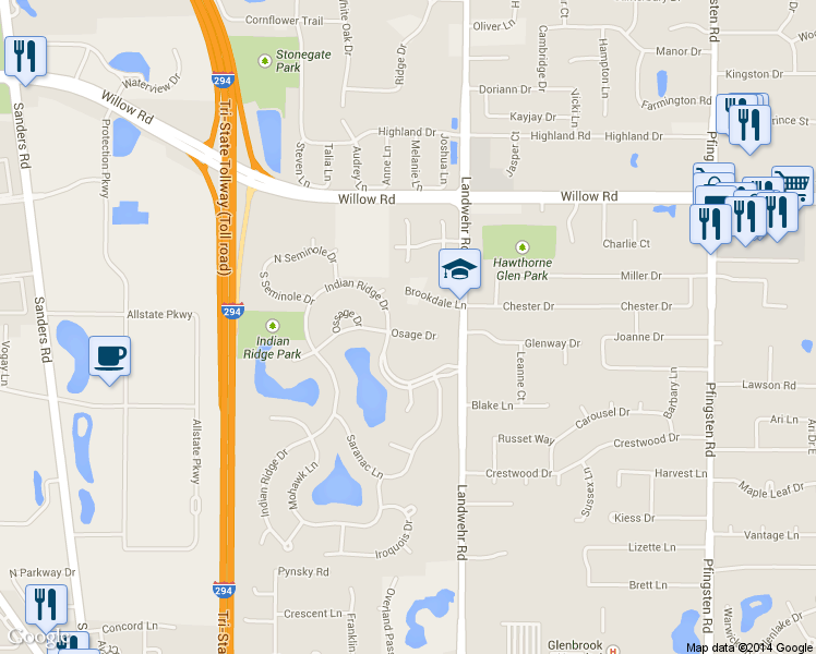 map of restaurants, bars, coffee shops, grocery stores, and more near 2532 Osage Drive in Glenview