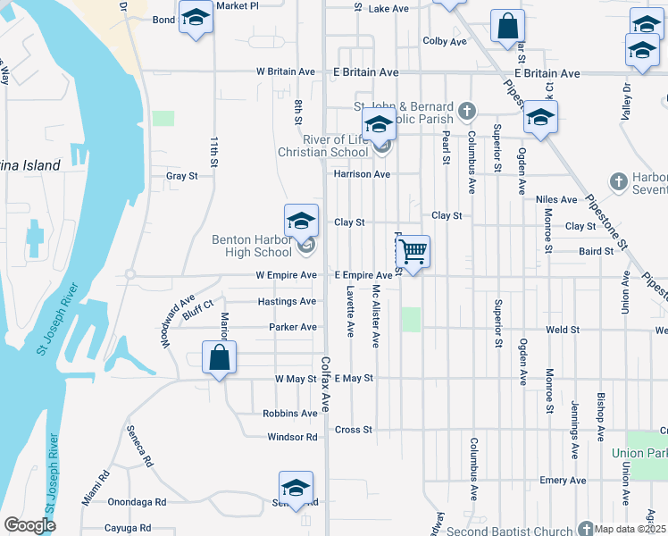 map of restaurants, bars, coffee shops, grocery stores, and more near 101 East Empire Avenue in Benton Harbor