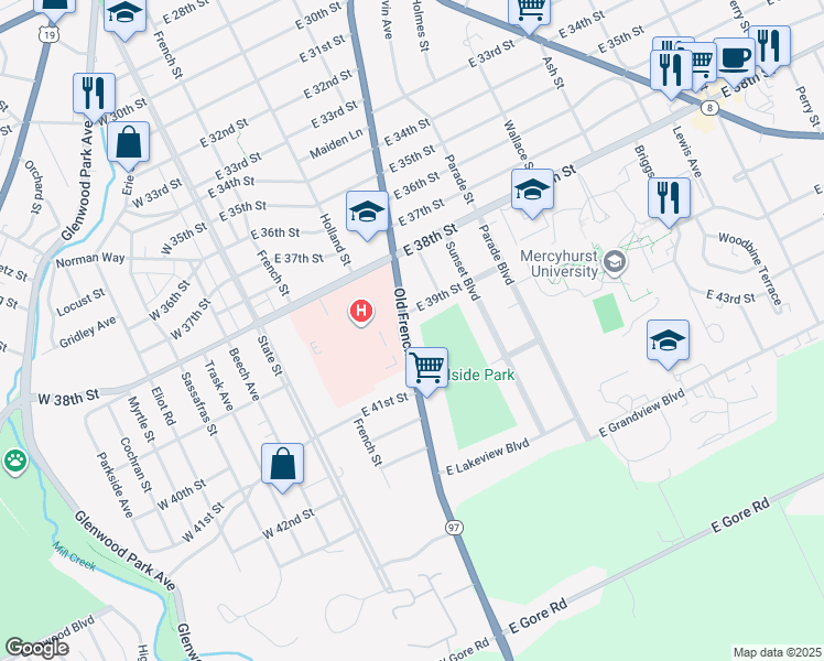 map of restaurants, bars, coffee shops, grocery stores, and more near 3915 Old French Road in Erie