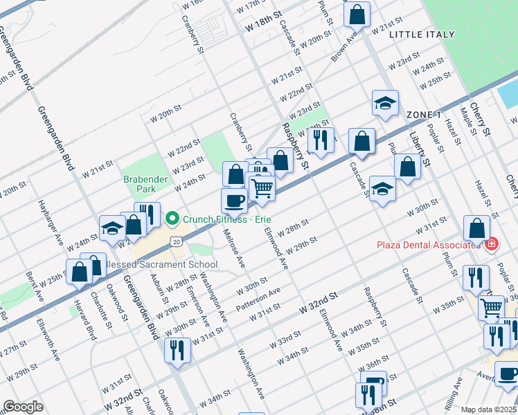 map of restaurants, bars, coffee shops, grocery stores, and more near 1215 West 26th Street in Erie