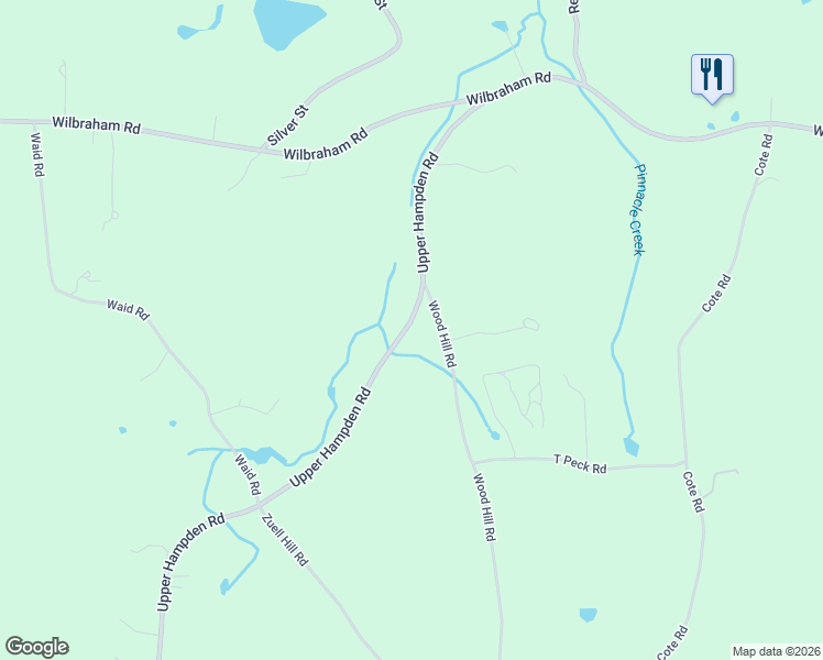 map of restaurants, bars, coffee shops, grocery stores, and more near 68 Upper Hampden Road in Monson