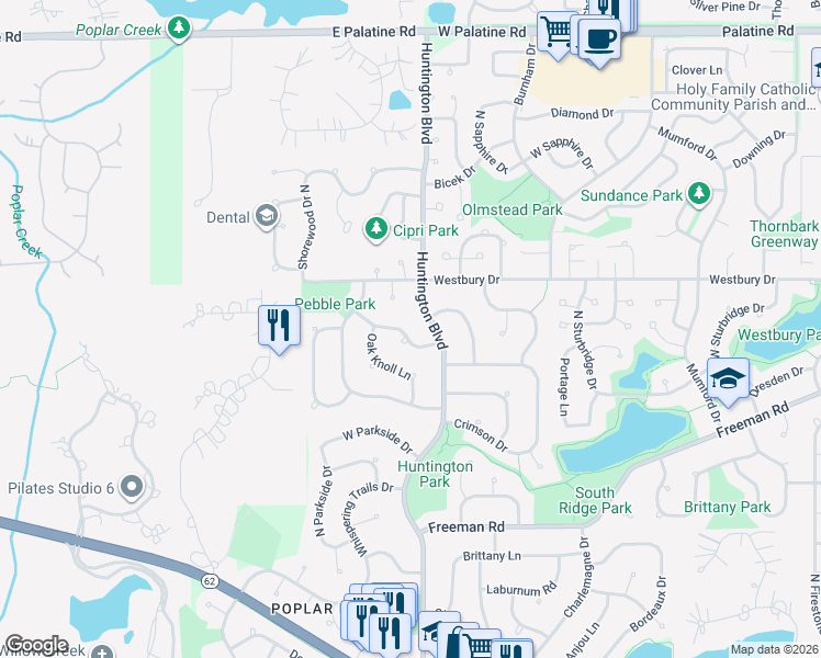 map of restaurants, bars, coffee shops, grocery stores, and more near 1740 Pebblewood Lane in Hoffman Estates