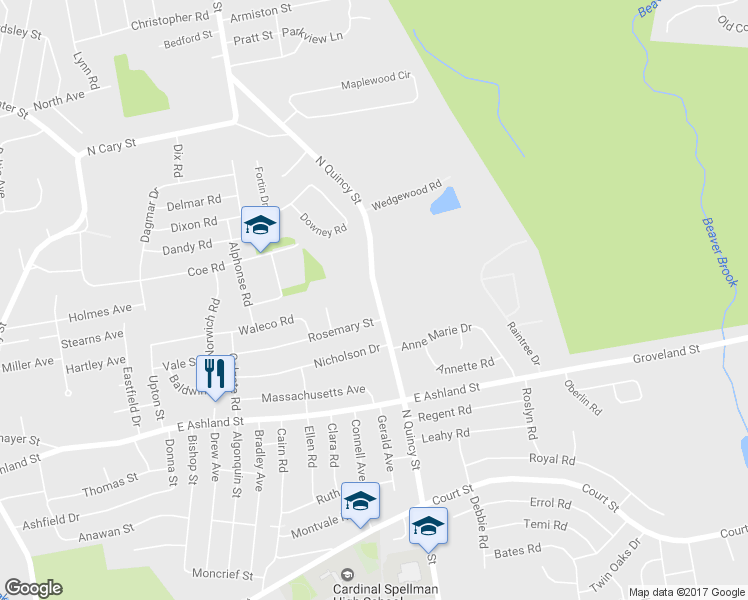 map of restaurants, bars, coffee shops, grocery stores, and more near 196 North Quincy Street in Brockton