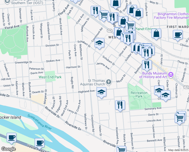 map of restaurants, bars, coffee shops, grocery stores, and more near 113 Helen Street in Binghamton