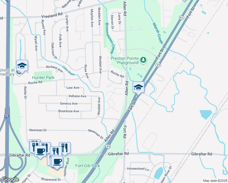 map of restaurants, bars, coffee shops, grocery stores, and more near 20036 Village Green Court in Brownstown Charter Township