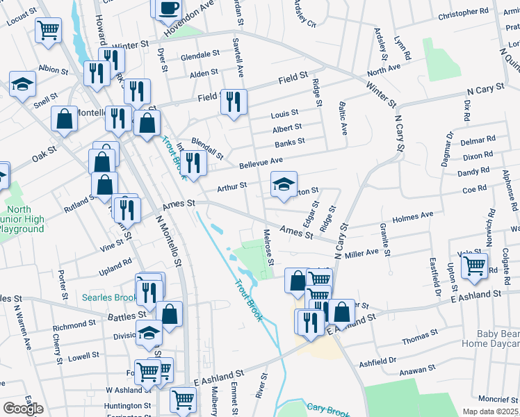 map of restaurants, bars, coffee shops, grocery stores, and more near 18 Sawtell Avenue in Brockton