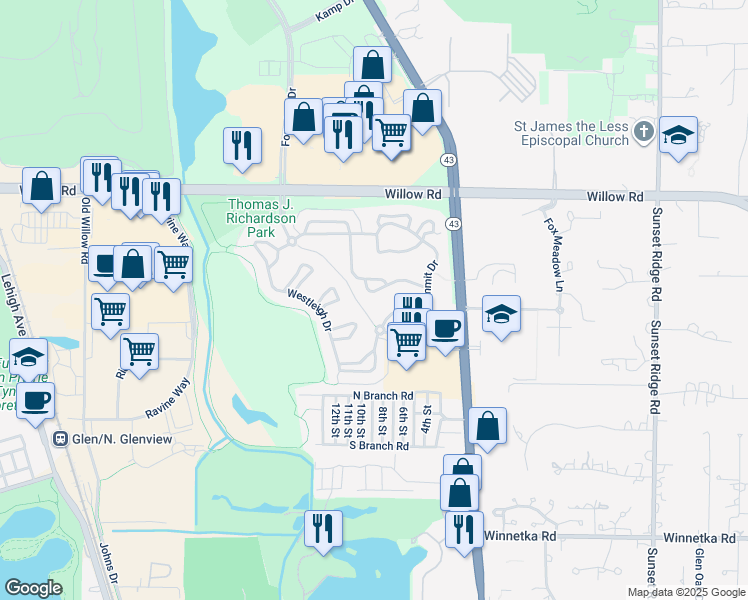 map of restaurants, bars, coffee shops, grocery stores, and more near 1805 Camden Drive in Glenview