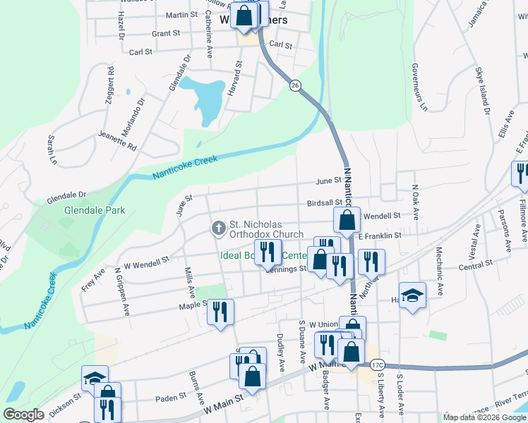 map of restaurants, bars, coffee shops, grocery stores, and more near 406 Dwight Avenue in Endicott