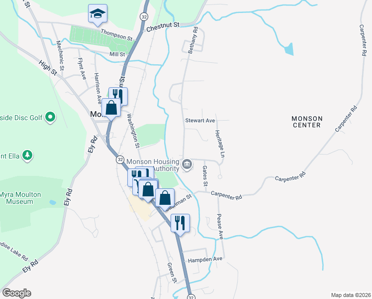 map of restaurants, bars, coffee shops, grocery stores, and more near 5 Bethany Road in Monson