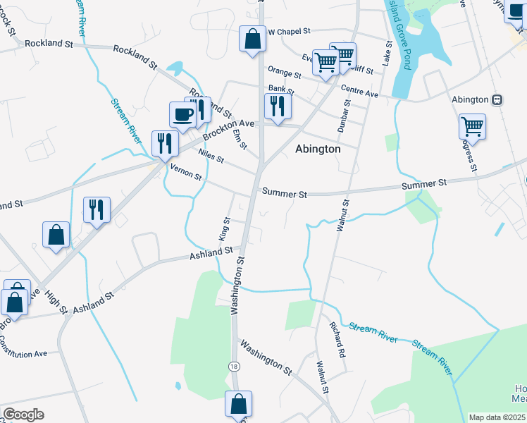 map of restaurants, bars, coffee shops, grocery stores, and more near 325 Washington Street in Abington
