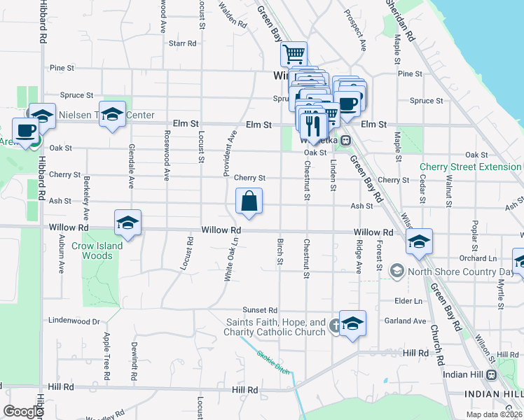 map of restaurants, bars, coffee shops, grocery stores, and more near 898 Ash Street in Winnetka