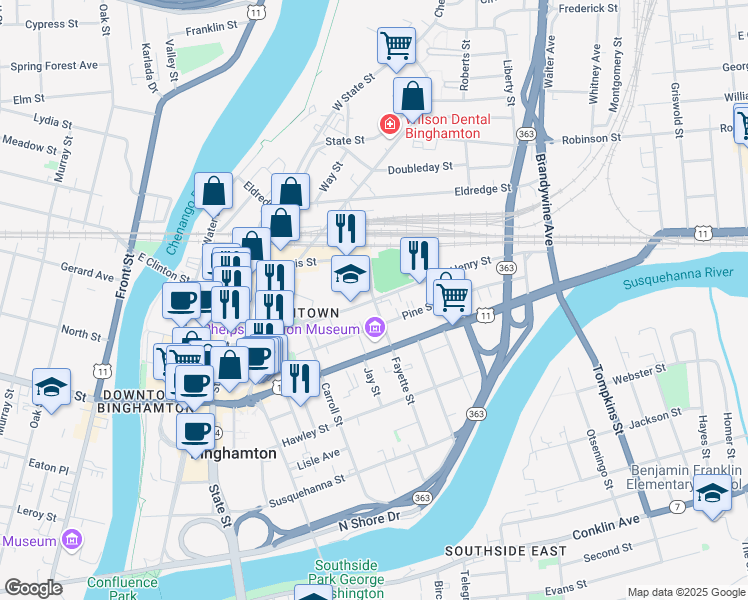 map of restaurants, bars, coffee shops, grocery stores, and more near Henry Street & Fayette Street in Binghamton