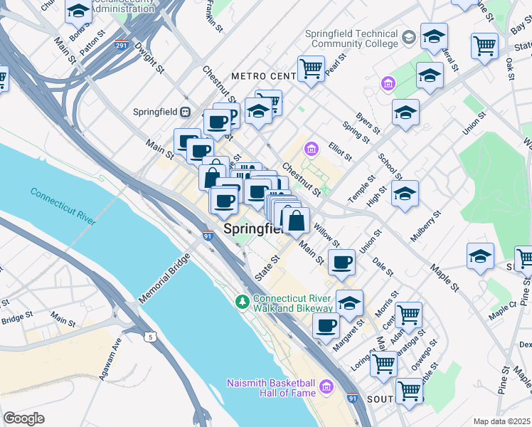 map of restaurants, bars, coffee shops, grocery stores, and more near 24/7 Bruce Landon Way in Springfield