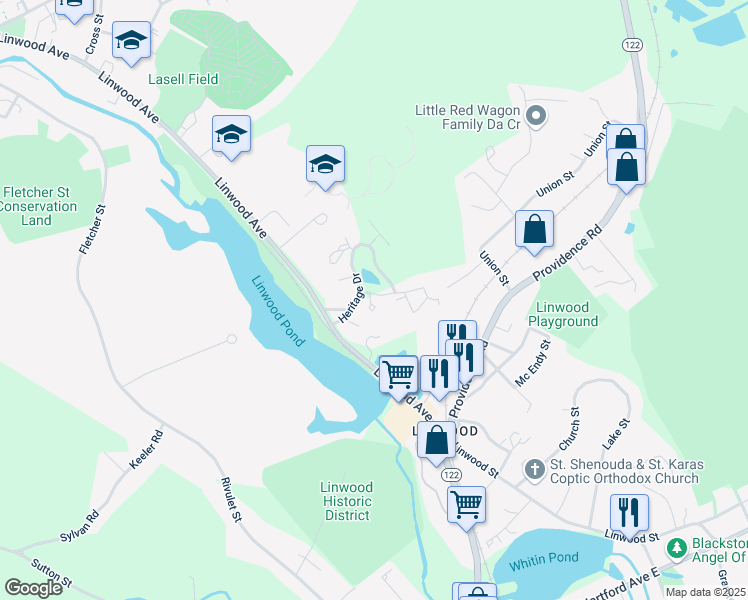 map of restaurants, bars, coffee shops, grocery stores, and more near 217 Heritage Drive in Northbridge