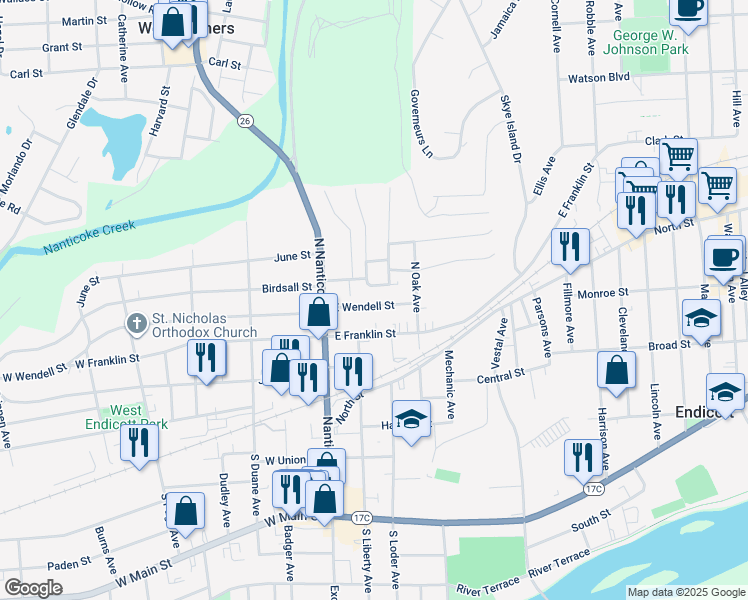 map of restaurants, bars, coffee shops, grocery stores, and more near 121 East Wendell Street in Endicott