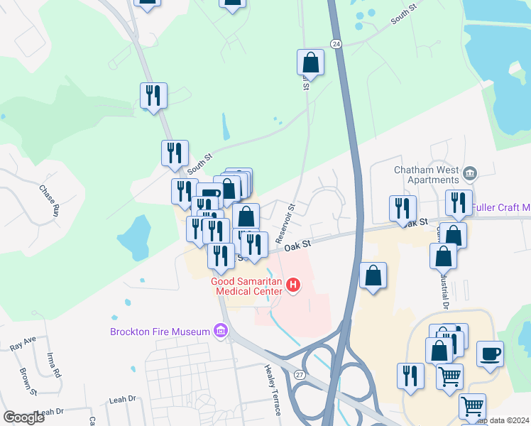 map of restaurants, bars, coffee shops, grocery stores, and more near 40 Reservoir Street in Brockton
