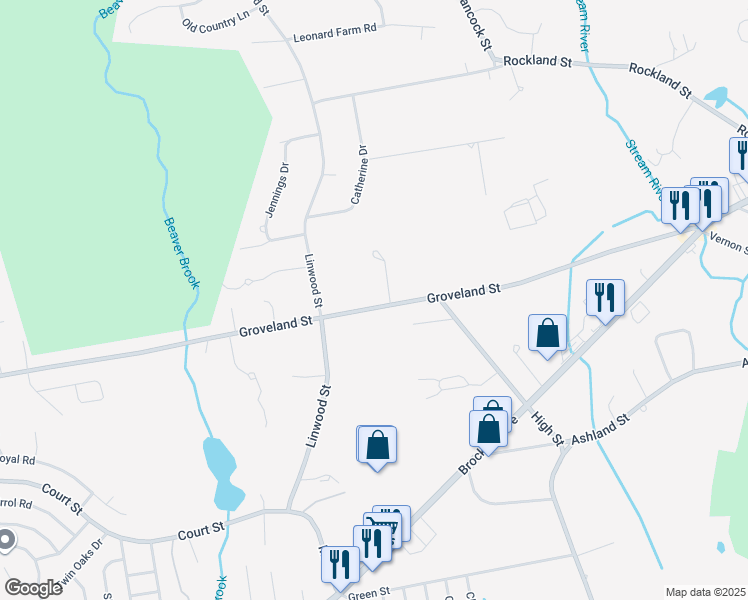 map of restaurants, bars, coffee shops, grocery stores, and more near 397 Groveland Street in Abington