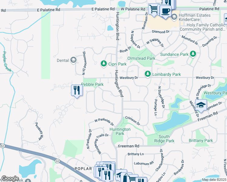 map of restaurants, bars, coffee shops, grocery stores, and more near 1740 Pebblewood Lane in Hoffman Estates