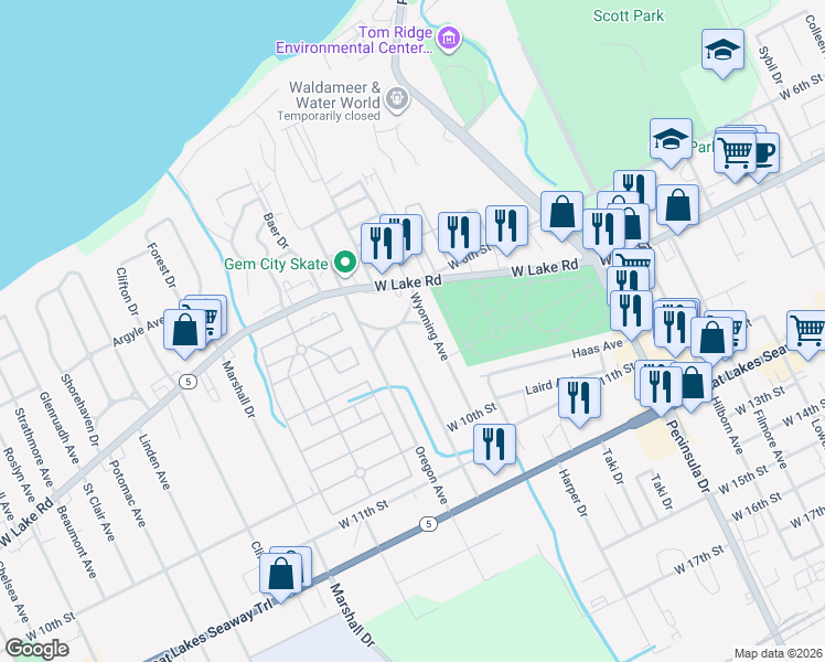 map of restaurants, bars, coffee shops, grocery stores, and more near 3115 Oakdale Pkwy in Erie
