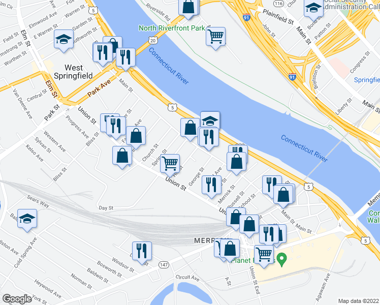 map of restaurants, bars, coffee shops, grocery stores, and more near 16 Hill Street in West Springfield