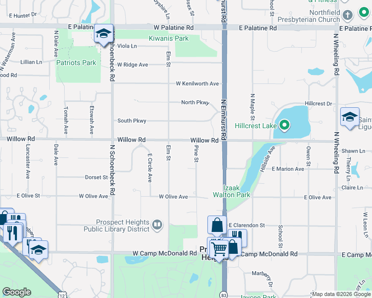 map of restaurants, bars, coffee shops, grocery stores, and more near 107 West Willow Road in Prospect Heights