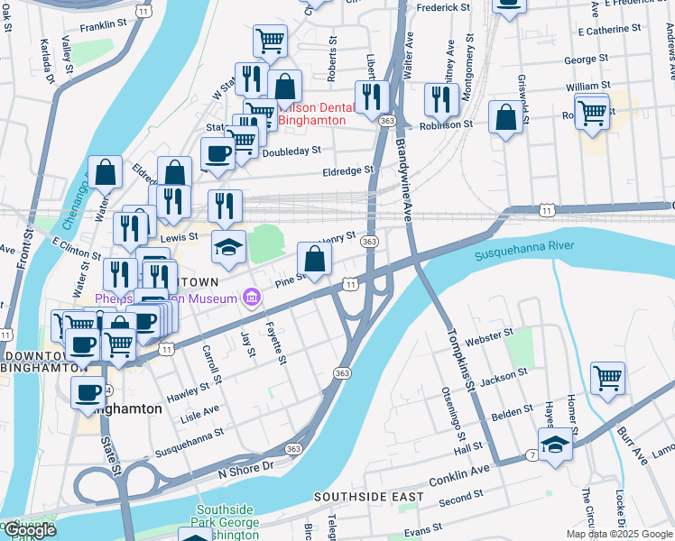 map of restaurants, bars, coffee shops, grocery stores, and more near 78 Pine St in Binghamton