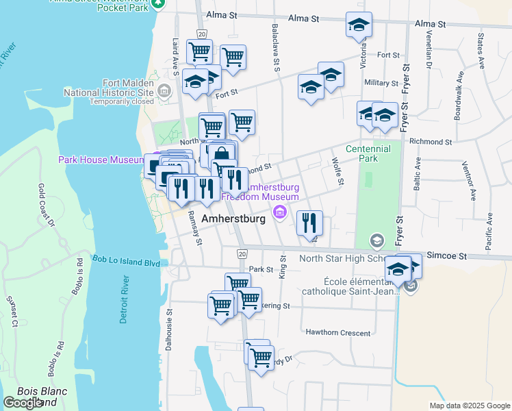 map of restaurants, bars, coffee shops, grocery stores, and more near 257 Seymour Street in Amherstburg