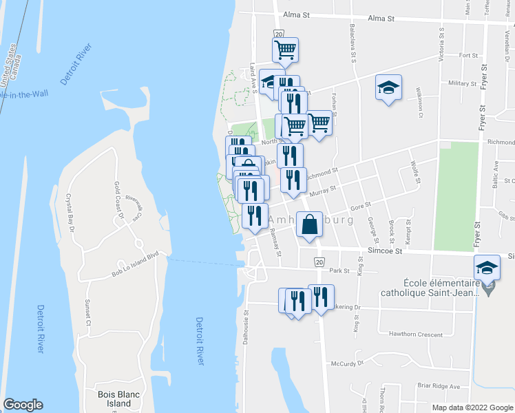 map of restaurants, bars, coffee shops, grocery stores, and more near 64 Murray Street in Amherstburg
