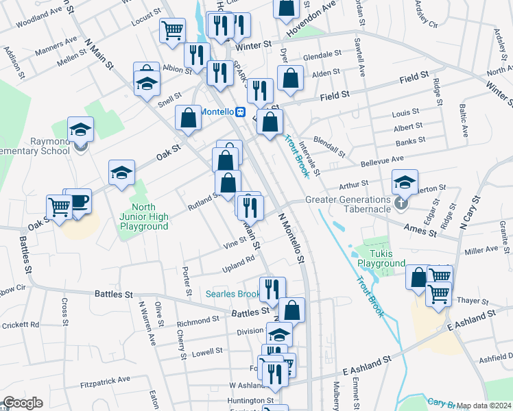 map of restaurants, bars, coffee shops, grocery stores, and more near 21 Broad Street in Brockton