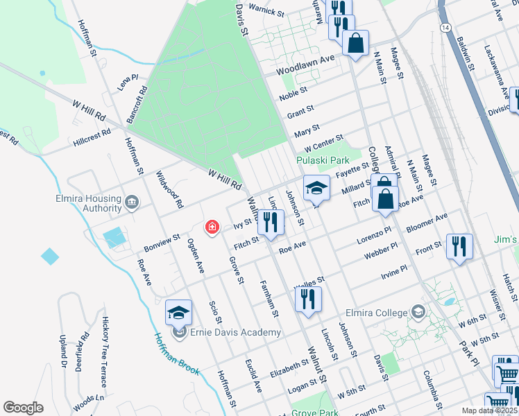 map of restaurants, bars, coffee shops, grocery stores, and more near 1052 Walnut Street in Elmira