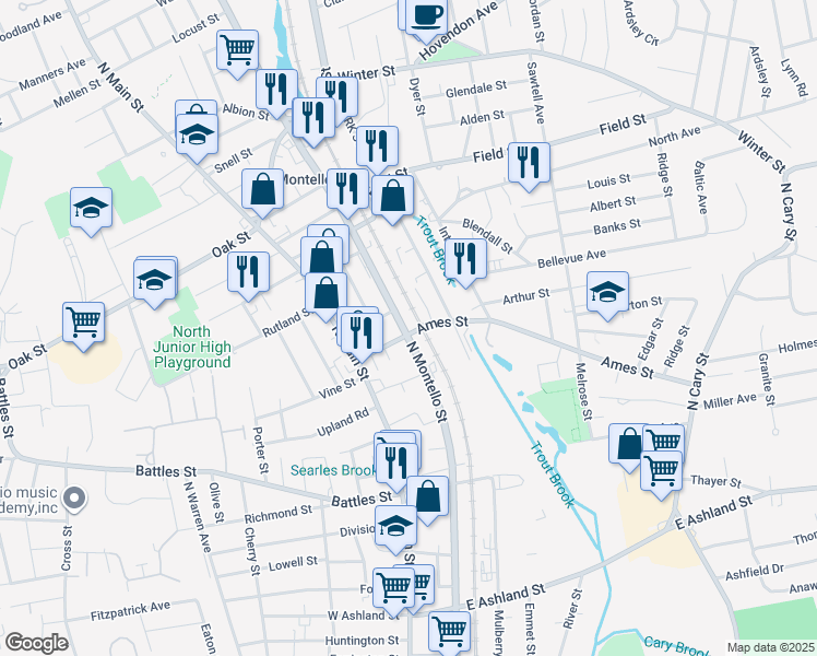 map of restaurants, bars, coffee shops, grocery stores, and more near 705 North Montello Street in Brockton