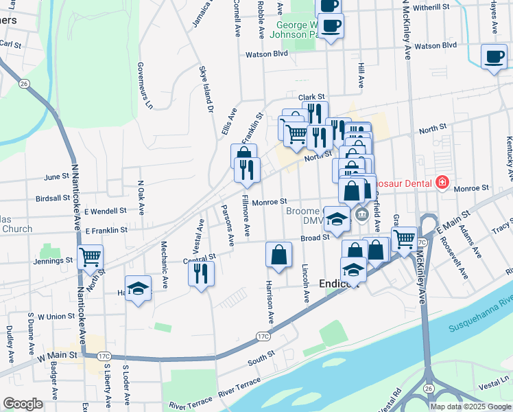 map of restaurants, bars, coffee shops, grocery stores, and more near 706 Monroe Street in Endicott