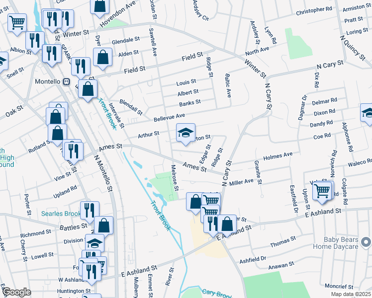 map of restaurants, bars, coffee shops, grocery stores, and more near 26 Saint Casimir Avenue in Brockton