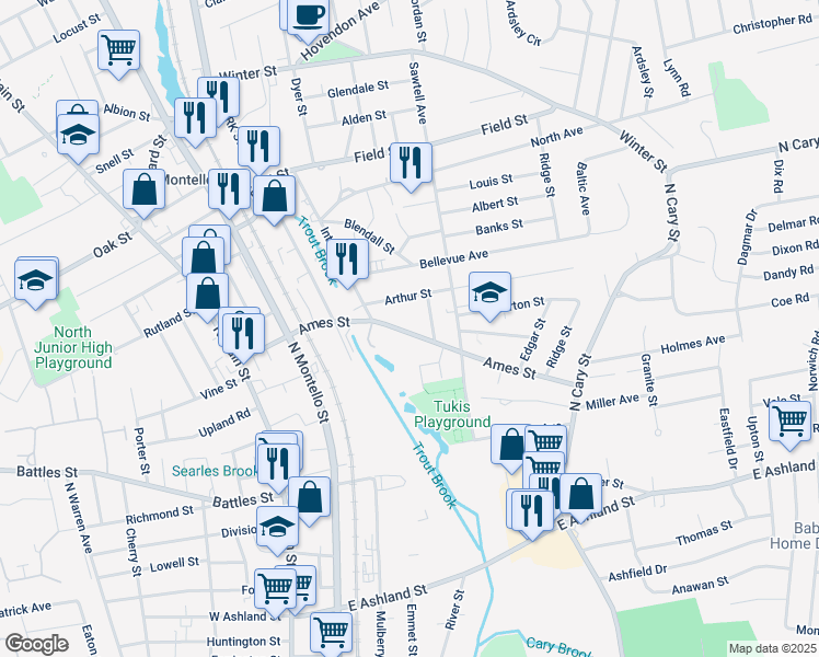 map of restaurants, bars, coffee shops, grocery stores, and more near 158 Ames Street in Brockton