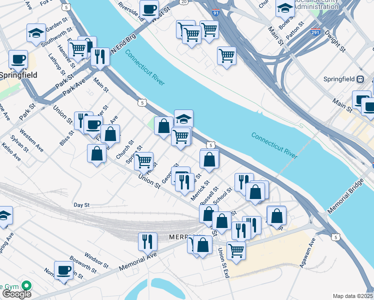 map of restaurants, bars, coffee shops, grocery stores, and more near 553 Main Street in West Springfield