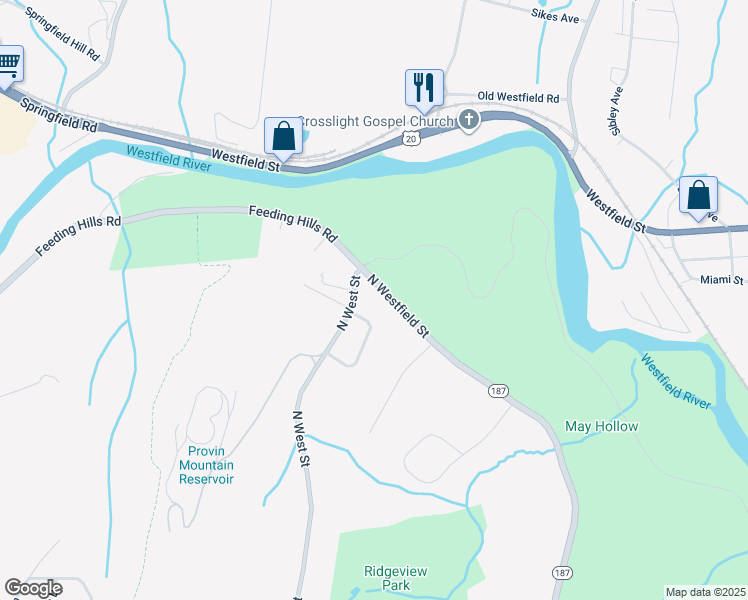 map of restaurants, bars, coffee shops, grocery stores, and more near 1127 North Westfield Street in Agawam