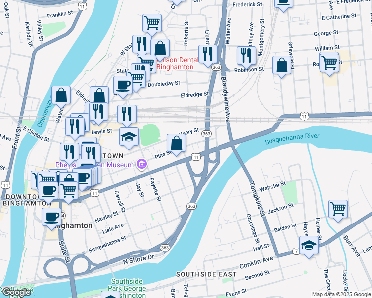 map of restaurants, bars, coffee shops, grocery stores, and more near 78 Pine Street in Binghamton